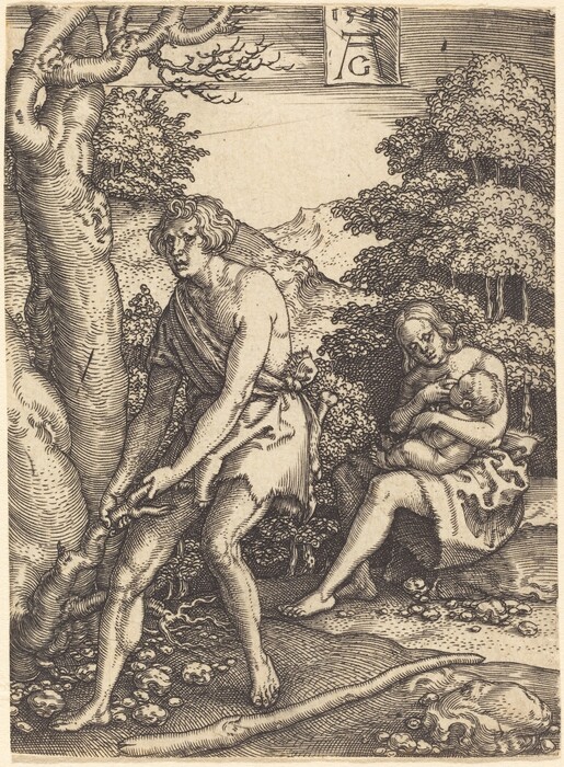The image shows two individuals in an outdoor setting. On the left, a person stands slightly bent while holding a wooden object. They have curly hair and wear a sleeveless garment. To the right, another person is seated, holding a child. The seated person has long hair and wears a similar garment. The child is wrapped in their embrace. The background features trees and plants. The image is detailed and shaded. In the top right corner, there is a rectangular space with lines and a symbol.