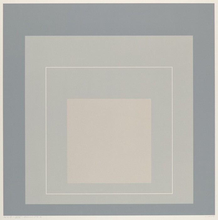 The image consists of a series of nested rectangles, each decreasing in size towards the center. The composition features muted shades of grey and blue arranged in a gradient. The layered rectangles offer a sense of depth and perspective within the simple geometric design.