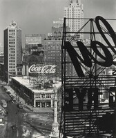 Columbus Circle: Broadway, Central Park West, and West 59th Street, taken from the 9th floor of the General Motors Building. The Coca-Cola signs tops the American Circle Building., Berenice Abbott, February 10, 1936, printed later