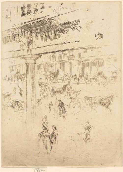 The image shows a scene with a lot of activity, seen from a slightly elevated perspective. There is an architectural structure with columns in the foreground. The style is sketch-like, with expressive line work portraying movement and life. Fine lines and hatching depict figures and carriages throughout the scene. Close to us, there are sketchy people and carriages with quick, fluid strokes. In the distance, more figures and a building can be seen. The horizon is hidden by the architectural element at the top. The color palette is sepia.