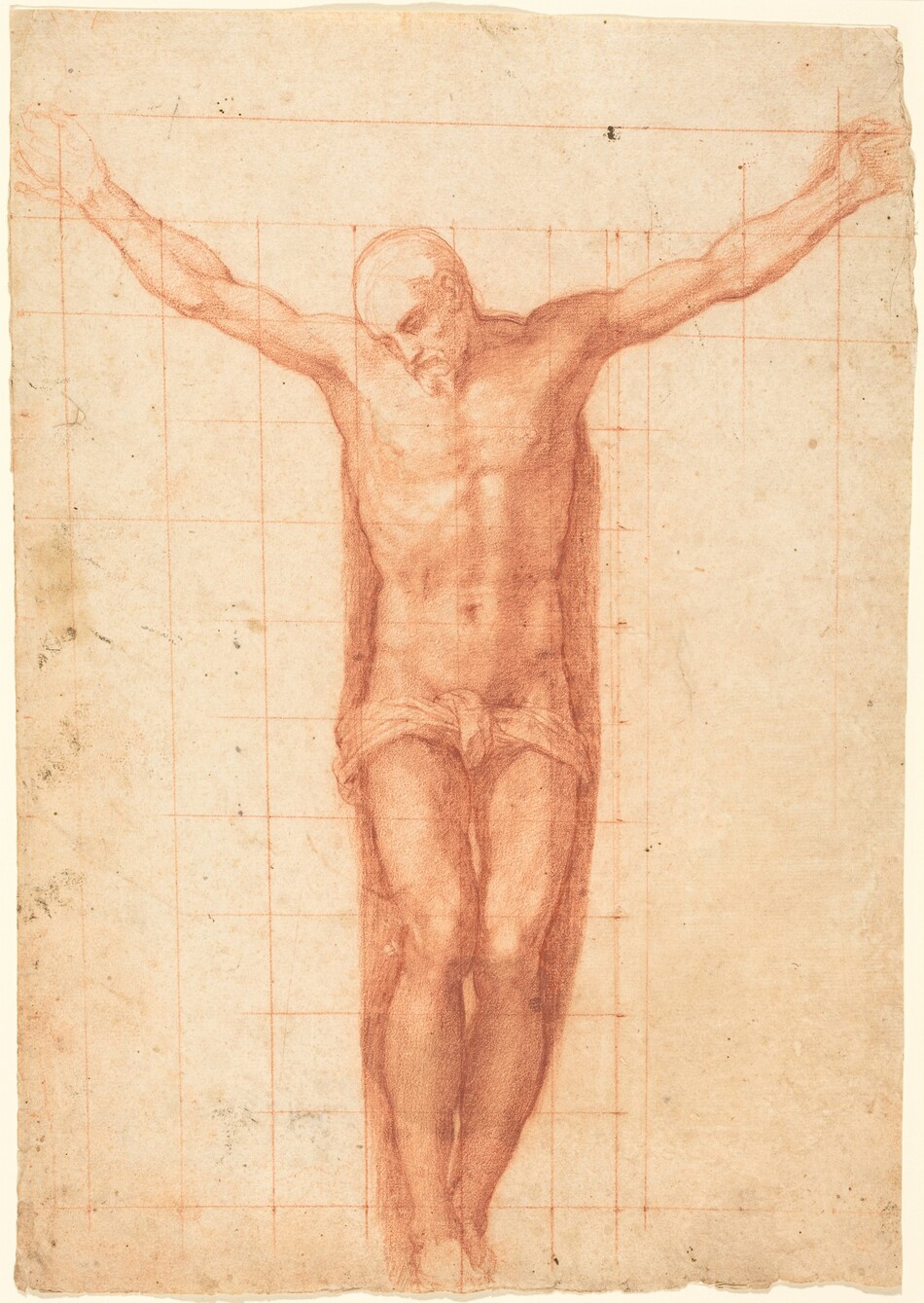 The image shows a full-body sketch of a male figure in a crucifixion pose, with arms outstretched horizontally. The figure's head is tilted downwards, with a bald head and subtle facial features. The body is muscular and detailed, with shadows highlighting the contours of the torso and legs. The man is wearing a cloth draped around his waist. The background consists of a lightly marked grid on a plain, textured paper. The sketch is done in a brownish-red tone.