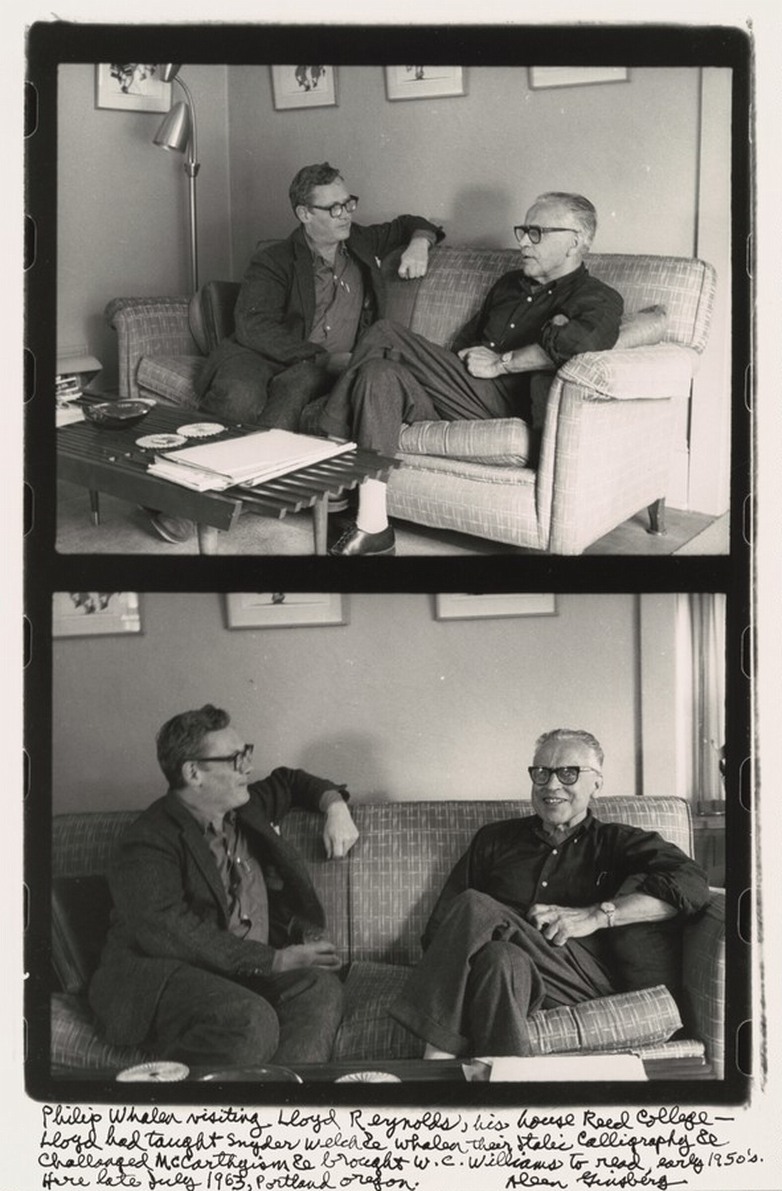 Philip Whalen visiting Lloyd Reynolds, his house Reed College- Lloyd had taught Snyder Welch & Whalen their Italic Calligraphy & Challenged McCarthyism & brought W.C. Williams to read, early 1950's. Here late July 1963, Portland Oregon., Allen Ginsberg, 1963, printed later
