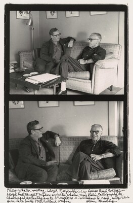 Philip Whalen visiting Lloyd Reynolds, his house Reed College- Lloyd had taught Snyder Welch & Whalen their Italic Calligraphy & Challenged McCarthyism & brought W.C. Williams to read, early 1950's. Here late July 1963, Portland Oregon., Allen Ginsberg, 1963, printed later