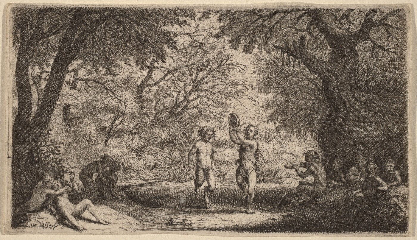 The image shows a scene with a group of figures under a canopy of trees. The perspective is slightly elevated and frontal, with no distinct horizon line due to the dense foliage. The artwork features intricate, fine lines and cross-hatching for detailed textures. The color palette is monochromatic with shades of brown. There are figures reclining and seated on the left and more figures under a tree on the right. In the center, two figures are engaged in a dance, with one holding a tambourine. The background is filled with trees and branches, creating a textured natural setting.