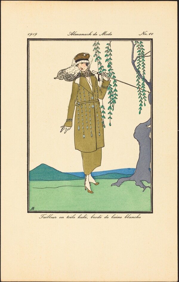 Tailleur en toile kaki, brodé de laine blanche