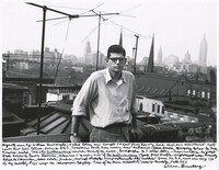 Myself seen by William Burroughs, Kodak Retina new-bought 2’d hand from Bowery hock-shop, our apartment roof Lower East Side between Avenues B & C, Tompkins Park trees under new antennae. Alan Ansen, Gregory Corso & Jack Kerouac visited, Jack’s _The Subterraneans_ records much of the scene, Burroughs & I edited letter-manuscripts he’d sent from Mexico & South America, Alene Lee (“Mardou Fox” of _The Subterraneans_) typed final drafts. Neighborhood was heavily Polish & Ukranian, some artists, junkies, medical students, cheap restaurants like “Leshkos” corner 7th & A, rent was only ¼ of my monthly $120 wage as newspaper copyboy. Time of “The Green Automobile” poem to Cassady, Fall 1953., Allen Ginsberg, 1953, printed 1995