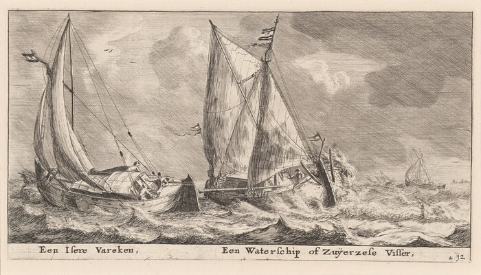 The image shows two sailboats moving through choppy waters. The perspective is slightly elevated, offering a broad view of the boats cutting through the waves. The horizon is low with a hint of structures or land visible in the far distance on the right. The scene is depicted using intricate linework and hatching to show the movement of the sea and texture of the sails. The color palette is monochromatic, with varying shades of black and gray. The sky is cloudy, giving a sense of a blustery day at sea, and birds are sketched in flight.