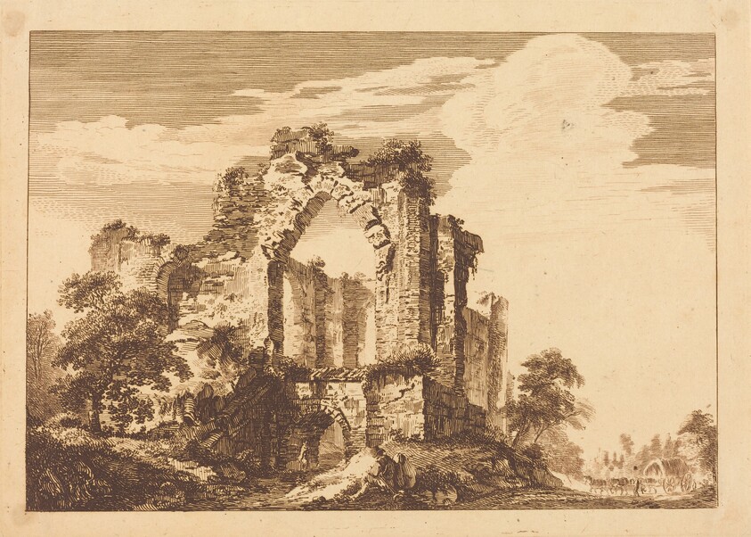 Ruins with a Seated Man, and a Covered Wagon in the Distance