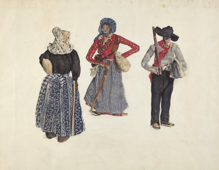 The image depicts three individuals dressed in traditional attire. On the left, a person stands with a hand on the hip, wearing a black top, long patterned skirt, and a white headscarf. In the center, another individual has a hand on their hip, wearing a red shirt, blue skirt, and a blue headscarf. They hold a staff and a bag. The third person on the right stands with a stick, wearing a gray shirt, black pants, a red vest, a black hat, and a decorative item at the neck. They carry a blue striped fabric. The background is plain.
