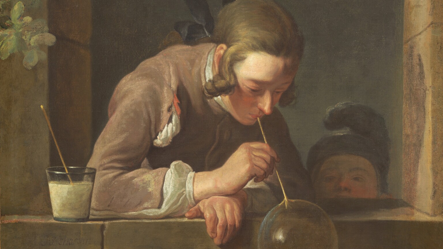 A young man and child, both with pale skin, are framed within the rectangular opening of a stone window in this vertical painting. At the center, the young man leans toward us over his forearms, which rest on the wide ledge. Angled to our right, he holds a long straw to his mouth to blow a large, glistening bubble that hangs on the opposite end. A second straw rests in a glass cup filled with white liquid, presumably soapy water, that sits near his right elbow, on our left, and he looks down at the bubble. His chestnut-brown hair is tied back with a black ribbon, and curls hang down from his temple. He wears a brown jacket over a white shirt. A younger child peeks over the ledge to our right and also looks at the bubble. Seen from the nose up, the child wears a hat that curves up and over the crown of the head. The face of the brown stone building into which the window is cut seems close to us. A vine of ivy climbs up the face of the building to our left.