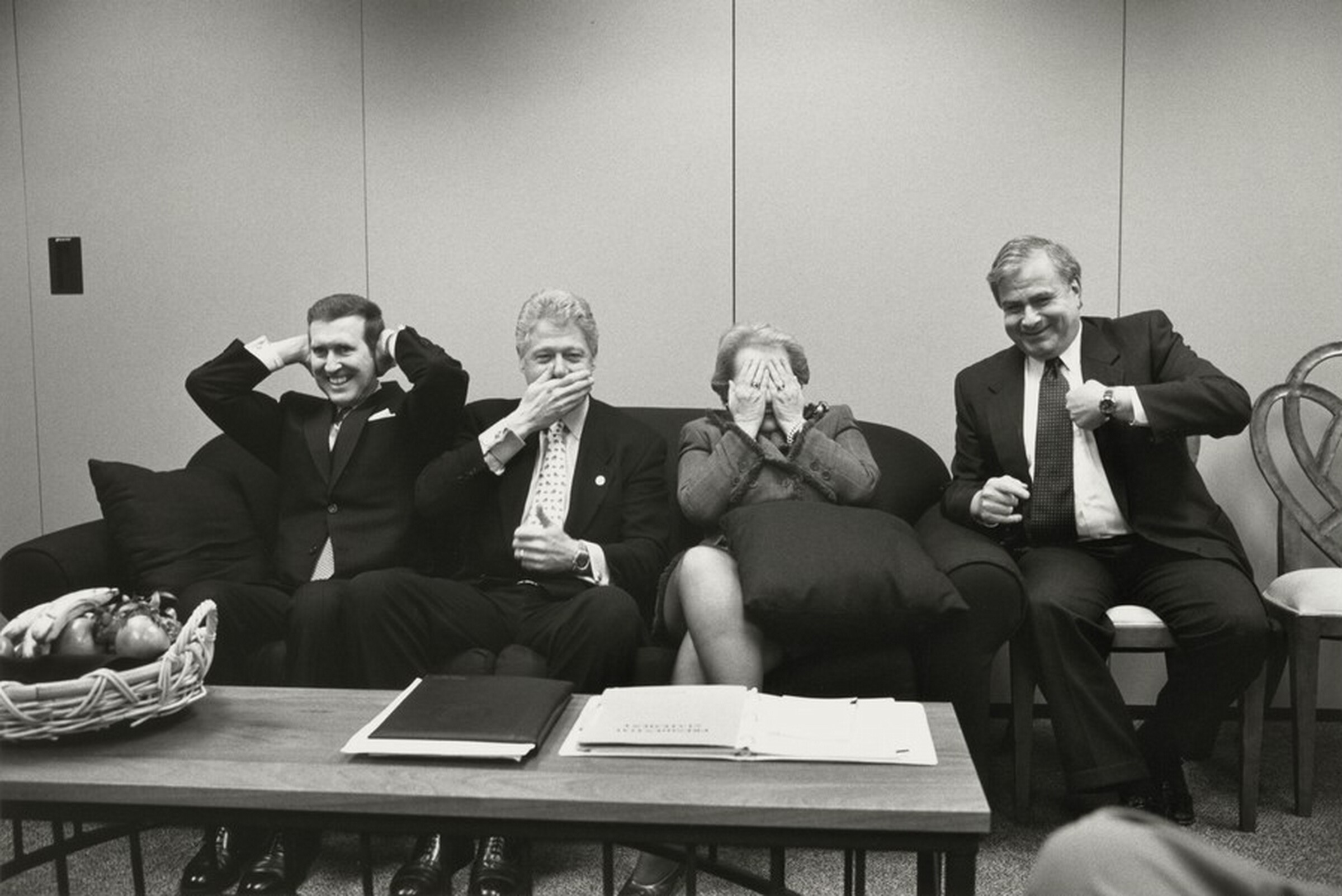 President William J. Clinton Suggests That Secretary of Defense William Cohen, Secretary of State Madeleine Albright, and National Security Advisor Sandy Berger Look like the “Hear No Evil, See No Evil, Speak No Evil” Monkeys Before They Proceed to Act It Out., Diana Walker, April 25, 1999, printed 2024
