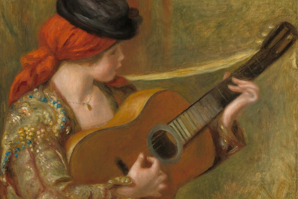 A young woman with pale, peachy skin and flushed cheeks sits facing our right in profile as she plays a guitar in this horizontal painting. The scene is painted with blended strokes, giving it a soft look and making some of the details indistinct. At the center of the composition, the guitar rests against the woman’s shoulder so it almost spans the width of the painting. The instrument has a caramel-brown body, and the dark brown neck lightens to slate gray by the sound hole. The woman’s eyes are lowered as she looks toward her left hand, her long fingers pinning the strings along the fretboard. She plucks the strings with her other hand. Her hair is covered in a red headscarf tied at the nape of her neck. One end rests on her left shoulder, farther from us, and the other hangs down her back. A low, flat-topped, black, brimmed hat sits atop the scarf. The woman’s features are delicate, and her pink lips are parted. She wears a gold chain with an oval pendant around her neck. Her jacket is gold with a pattern loosely painted with dabs of lapis blue, butter yellow, and rose pink. A yellow ribbon or band is tied to the neck of the guitar and slung over her shoulder. The indistinct space behind her is painted with strokes of moss green, goldenrod yellow, and a few swipes of marigold orange near her face. The artist signed and dated the painting in brown in the lower right corner: “Renoir.98.”