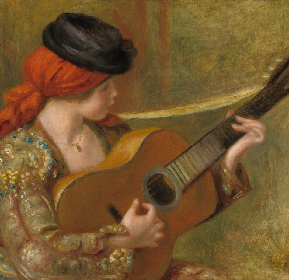 A young woman with pale, peachy skin and flushed cheeks sits facing our right in profile as she plays a guitar in this horizontal painting. The scene is painted with blended strokes, giving it a soft look and making some of the details indistinct. At the center of the composition, the guitar rests against the woman’s shoulder so it almost spans the width of the painting. The instrument has a caramel-brown body, and the dark brown neck lightens to slate gray by the sound hole. The woman’s eyes are lowered as she looks toward her left hand, her long fingers pinning the strings along the fretboard. She plucks the strings with her other hand.  Her hair is covered in a red headscarf tied at the nape of her neck. One end rests on her left shoulder, farther from us, and the other hangs down her back. A low, flat-topped, black, brimmed hat sits atop the scarf. The woman’s features are delicate, and her pink lips are parted. She wears a gold chain with an oval pendant around her neck. Her jacket is gold with a pattern loosely painted with dabs of lapis blue, butter yellow, and rose pink. A yellow ribbon or band is tied to the neck of the guitar and slung over her shoulder. The indistinct space behind her is painted with strokes of moss green, goldenrod yellow, and a few swipes of marigold orange near her face. The artist signed and dated the painting in brown in the lower right corner: “Renoir.98.”