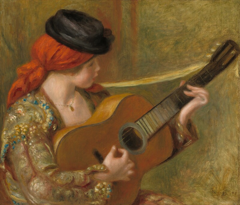 A young woman with pale, peachy skin and flushed cheeks sits facing our right in profile as she plays a guitar in this horizontal painting. The scene is painted with blended strokes, giving it a soft look and making some of the details indistinct. At the center of the composition, the guitar rests against the woman’s shoulder so it almost spans the width of the painting. The instrument has a caramel-brown body, and the dark brown neck lightens to slate gray by the sound hole. The woman’s eyes are lowered as she looks toward her left hand, her long fingers pinning the strings along the fretboard. She plucks the strings with her other hand. Her hair is covered in a red headscarf tied at the nape of her neck. One end rests on her left shoulder, farther from us, and the other hangs down her back. A low, flat-topped, black, brimmed hat sits atop the scarf. The woman’s features are delicate, and her pink lips are parted. She wears a gold chain with an oval pendant around her neck. Her jacket is gold with a pattern loosely painted with dabs of lapis blue, butter yellow, and rose pink. A yellow ribbon or band is tied to the neck of the guitar and slung over her shoulder. The indistinct space behind her is painted with strokes of moss green, goldenrod yellow, and a few swipes of marigold orange near her face. The artist signed and dated the painting in brown in the lower right corner: “Renoir.98.”