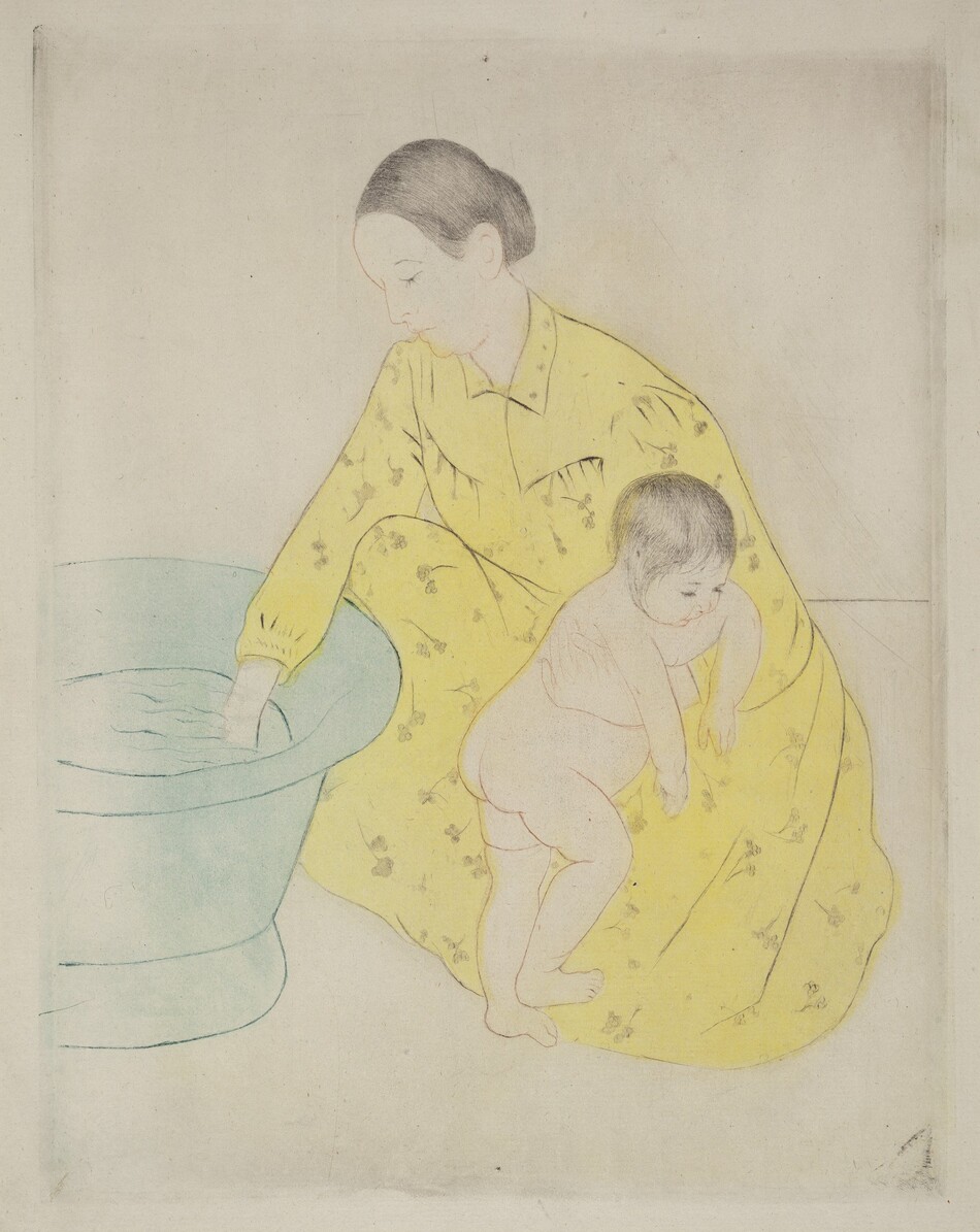 A woman kneels to test the water in a freestanding bathtub with one hand as she braces a nude child against her knee with the other in this vertical, colored print. The people and objects are outlined lightly with brown for the bodies and black for the woman’s clothing. Both the woman and baby’s hair are incised with delicate black lines. The woman’s hair is pulled back from a high forehead, and she has a straight nose, pursed lips, and a slight double chin. Her long-sleeved, floor-length dress has a narrow collar and is pleated across the chest and at the cuff we can see. The dress is filled in with a field of lemon yellow and patterned with a floral design. The baby turns toward the woman’s body and hangs their arms over her bracing hand. The baby has short, wispy, black hair with delicate facial features, a rotund belly, and satisfyingly pudgy rolls on the legs. The tub and water within are pale blue. There are some smudges across the paper, especially at the edges.