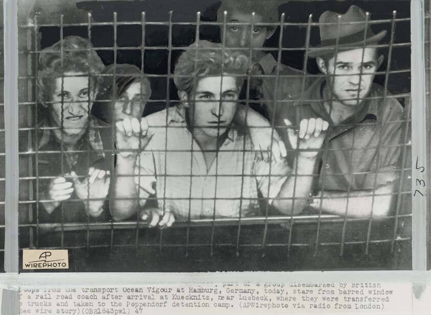 Title from caption on object: “Jewish Refugees, Part of a Group Disembarked by British Troops from the Transport Ocean Vigour at Hamburg, Germany…”