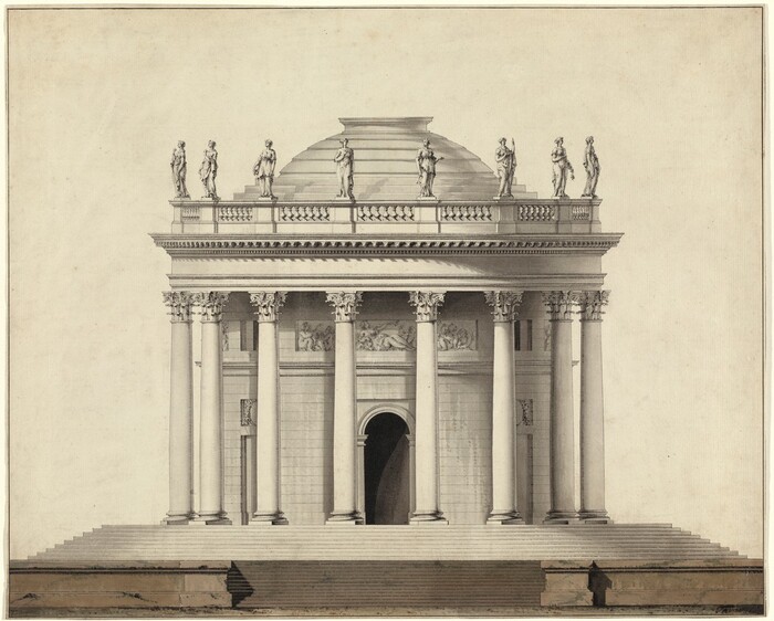 This is a drawing of a neoclassical architectural structure. The structure features a grand domed building elevated on a series of broad steps, with tall Corinthian columns supporting an entablature that is decorated with relief sculptures. Above the entablature, there is a balustrade adorned with statues standing at intervals. The building's entrance is centrally located at the top of the stairs, marked by a large arched doorway. The drawing emphasizes symmetry and balance, with a focus on geometric shapes and classical architectural elements such as the detailed columns and sculptural decorations.