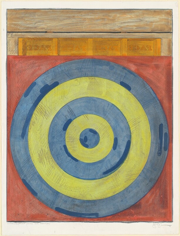 Concentric slate-blue and yellow rings forming a target alternate against a coral-red background in this vertical etching. The innermost circle is blue and is followed by two yellow and two more blue rings. The colors are toned down and covered with scribbles and hatch marks, and lines in darker blue are drawn near the edges of those rings. Four conjoined orange panels line the top of the target. All have the word "FACE" printed backwards in pale orange text, and the letters on the leftmost and rightmost panels are also outlined, making the text easier to read. A slat painted with streaks of tan and ash brown suggests wood grain above the panels and wood framing around them. Two hinges in the dark gap between the wood panels connect them together. The image is enclosed in a black outline and surrounded by a wide white margin. A pencil inscription under the left corner of the printed image reads, “WORKING PROOF WITH IN ADDITION.” The artist scrawled his signature and the date, “79” under the right corner.