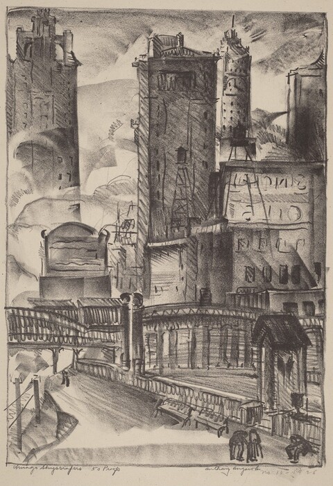 The image depicts a cityscape with towering buildings and intricate architectural details. The viewpoint is elevated, showing the buildings reaching the upper section of the composition. The brushstrokes create depth and texture in the structures and pathways. The color palette is monochrome, with black, white, and grays. A pathway leads into the urban environment, with railings and architectural elements. In the distance, the buildings rise and recede into swirling motions.