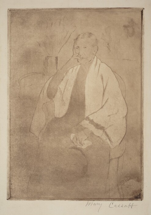 The image features an upper three-quarters view of a person sitting in a chair. The person is positioned slightly turned to the side, with their left hand raised to their face, touching their chin. The facial features are subtly outlined, with short and neatly groomed hair. The clothing appears to be a loose, flowing garment draped over their shoulders, with a darker line or pattern near the edge. In the background, there is a faint outline of a vase with flowers or reeds. The overall tone of the artwork is in muted sepia. There are no clear indications of jewelry or objects being held. The background is softly textured.