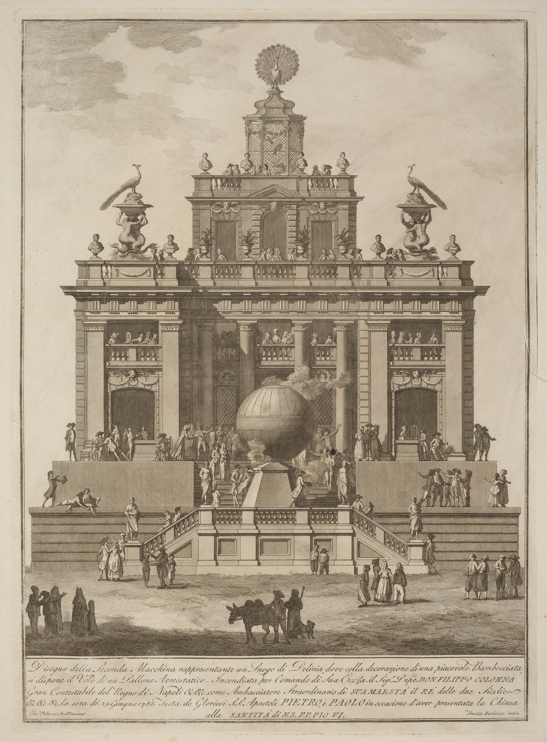 The Seconda Macchina for the Chinea of 1785: A Pleasure Palace with an Air Balloon, Francesco Barbazza after Giuseppe Palazzi, 1785