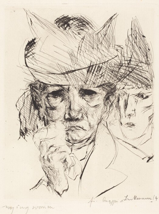 The image shows a sketch of the upper torsos and heads of two women. The main subject in the foreground is facing forward with her face turned slightly to the left. Her facial features are defined with deep-set eyes, a pronounced nose, and a serious expression. She wears a large hat, shaded with cross-hatching, that sits diagonally on her head, concealing much of her hair. Her hand is visible, raised to her lower face or chin. Behind her, slightly to the right, is another woman, whose face is partially visible. Her expression is more neutral, and she also wears a hat. There are no detailed clothing items visible aside from hints of fabric around the necks. The background is blank with no distinct objects.