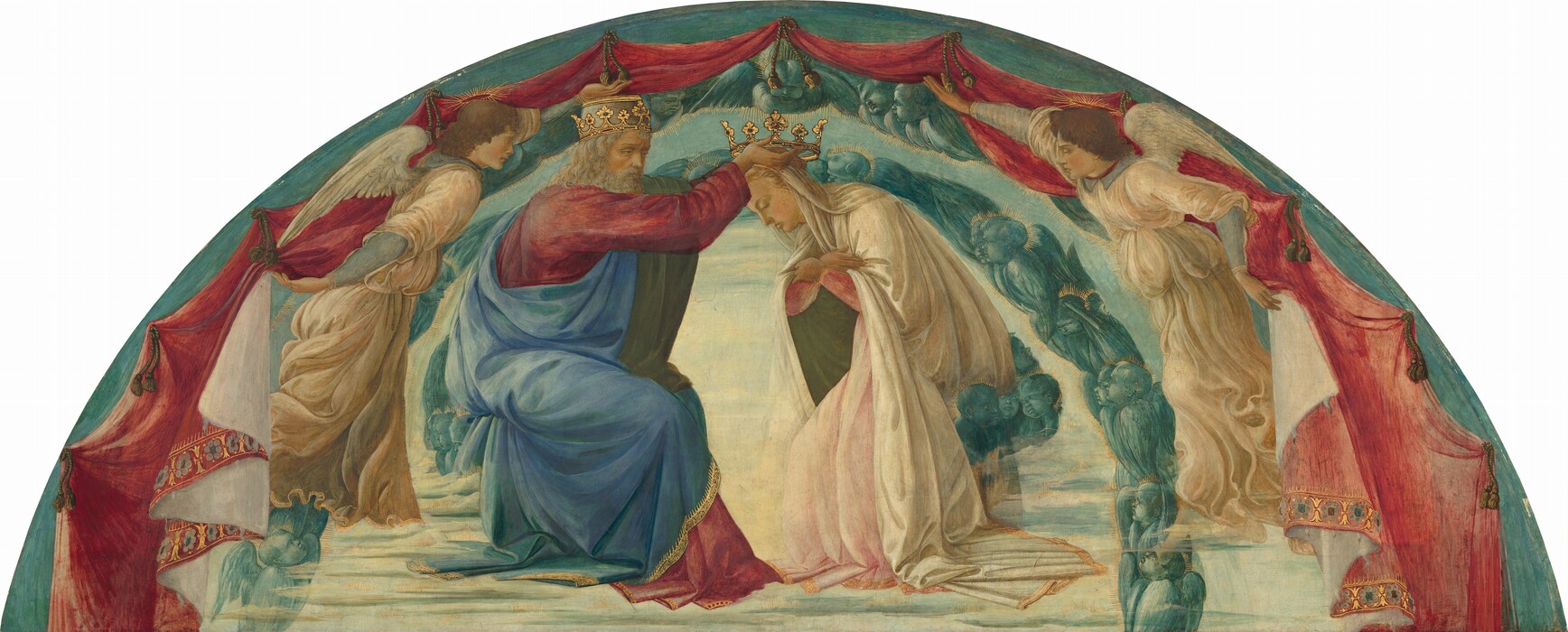 In a wide, arched panel, a bearded man wearing a crown places another crown on the head of a woman. To our right, the woman bows her head with her eyes nearly closed and crosses her wrists over her chest. A white cloak covers her head, drapes over her shoulders, and pools in deep folds around her feet. The cloak is lined with pine green, and she wears a shell-pink dress. To our left, the man has shoulder-length, curly gray hair and a beard. His robe is dark rose pink, and the cloak is azure blue lined with pine green. Two winged angels have brown hair, short, white wings, and wear voluminous white robes. They stand to either side of the man and woman and hold up a swag of raspberry-red cloth hung with gold tassels. All the people have pale, peachy skin. Winged baby heads encircled with gold rays create an arch behind the man and woman, who sit on clouds. The background is pale blue sky.