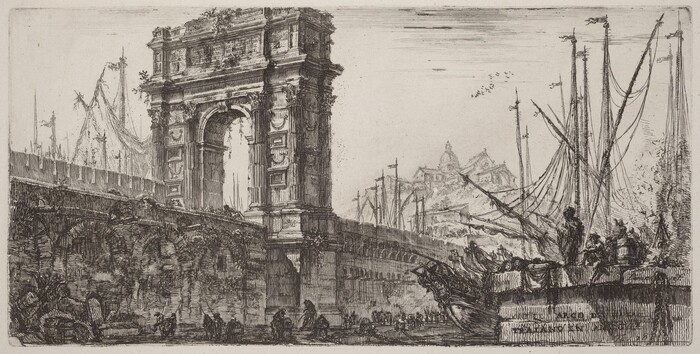 The image shows a view from a slightly elevated point of a grand architectural structure resembling a triumphal arch. The arch is central, with intricate details and lush vegetation intertwined with the stonework. The scene suggests a horizon with a hill or cityscape in the distance, marked by a distant building's dome above wall-like structures. The style is an etching with meticulous lines creating texture and depth, seen in shadows and ship sails. The color palette is monochromatic, using dark and light contrast to define forms and depth. Figures and cargo silhouette near the arch and docks where tall ships are moored, with masts reaching into the sky against the light background.