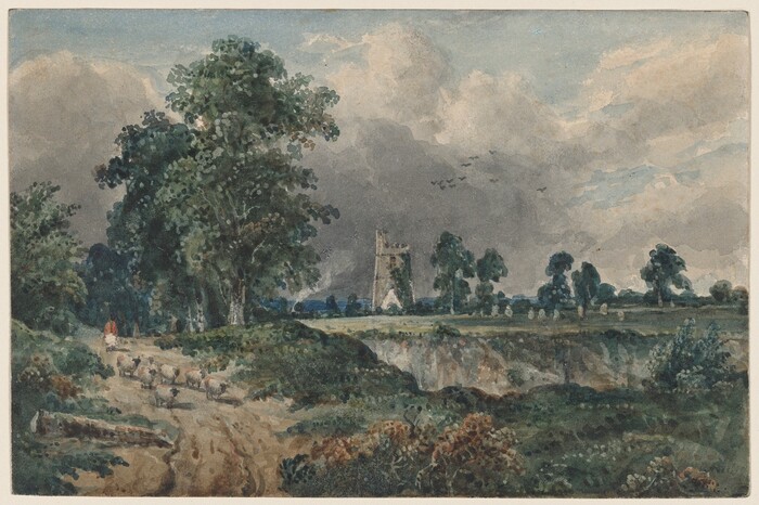 This image shows a low vantage point of a country path with a small flock of sheep being guided by a person dressed in red. Trees line the path, and in the distance, a church tower is visible against the sky. A line of slender trees and the church tower break the horizon. The brushstrokes are soft, creating a blurred effect. The color palette is muted, with deep greens and browns dominating the scenery against a grey and blue sky.