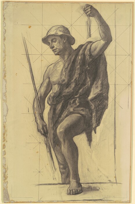 The image shows an artistic drawing of a person in a stepping position. The individual has a focused expression with defined features, short hair, and a hat. They are dressed in draped fabric, revealing parts of the upper body, and wearing sandals. One hand holds a spear, while the other grips the fabric above the head. The background has sketched grid lines.