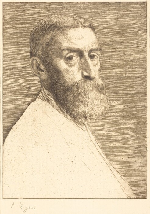 The image is an etching of a person depicted from the shoulders up in a three-quarter view. The subject is turned slightly to their left, looking at the viewer. They have a beard and mustache, with a calm expression, and detailed skin textures. The hair is neatly combed back. The clothing consists of a suit and collared shirt, indicated by etched lines. There are no visible accessories or objects. The background has a simple lined texture, providing contrast to the figure.