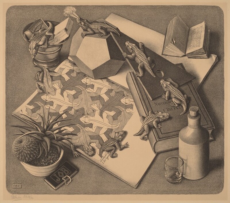 Printed in gray tones on cream-white paper, we look down onto an open sketchbook illustrated with a pattern of stylized, interlocking lizards in this horizontal lithograph. A closed, hardback book, triangular placard, ten-sided dodecahedron, and metal vessel create a circuit around the edge of the drawing. Near the bottom corner of the drawing, one of the tessellated lizards morphs into an actual lizard. Six more crawl in a line along the book, placard, dodecahedron, and a gleaming vessel before the seventh morphs from an actual lizard back into the drawing. The lizard perched on the dodecahedron blows smoke out of its nostrils. Part of the book’s title is legible, “NATUURLIJK…I DIERKUN…”, and writing under the drawing in the sketchbook reads “driehoeksy…IA3 type 1.” The metal vessel holds small boxes, perhaps matchbooks. A much smaller but thick book with tiny printing lies open near the top right corner of the composition. A succulent plant in a round pot and a tag or miniature book titled “JOB,” which also has an elastic along one long side, are in the bottom left corner. A corked, straight-sided flask and short rocks glass are in the bottom right. The artist signed the lower left corner of the plate with his initials in blocky letters, “MCE” beneath text reading, “III-’43.” Also inscribed in pencil under the lower left margin is the text, “MCEscher No. 26/30.”