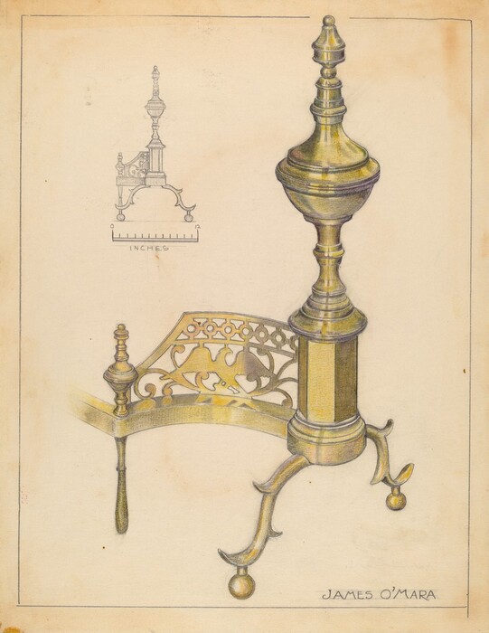 The image shows a large decorative andiron with elaborate patterns and a tall finial. The color palette includes shades of gold, brass, and light brown. Positioned prominently in the center and slightly right of the drawing, the andiron has a curved base with delicate scrollwork and stands on three small feet. In the top left corner, there is a sketched illustration of a similar design with an indication of the height in inches. The artist's signature, "JAMES O'MARA," is located at the bottom right corner.