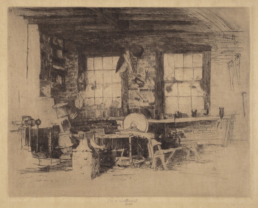 The image features a large workbench and a grinder in front of two windows with a lattice design. The color palette is primarily brown and cream, creating a sketch-like effect. The workbench occupies the lower central part of the image, with tools and equipment visible. Shelves and hanging implements are on the left wall, while beams and a ceiling lamp frame the scene in the upper part of the sketch.