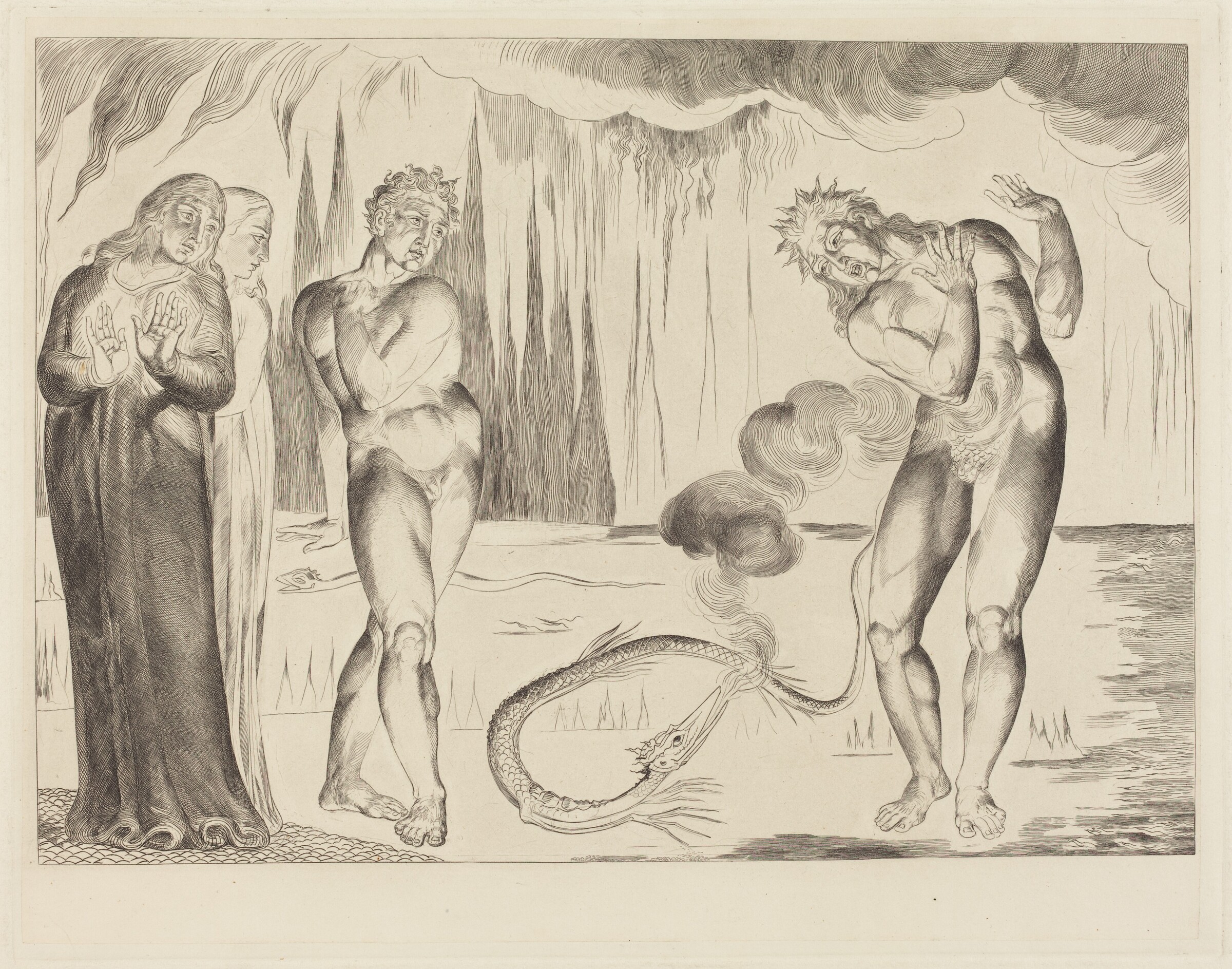 The Circle of the Thieves; Buoso Donati Attacked by the Serpent, William Blake, 1827