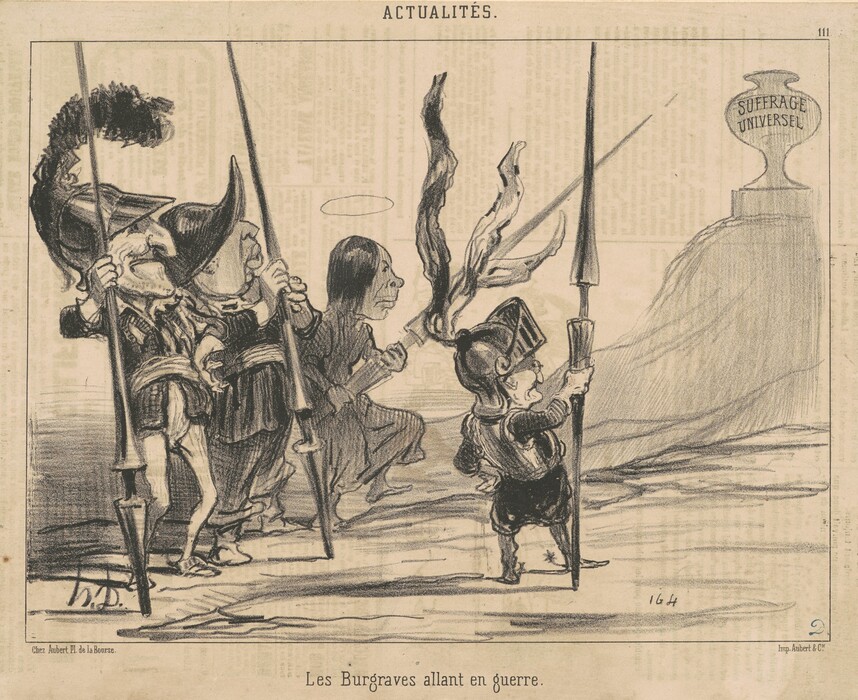 This is a drawing of a group of soldiers advancing towards a symbolic structure labeled "Suffrage Universel." The image features four caricatured figures with large heads and exaggerated costumes, marching with determination. They are wielding spears and flags, heading towards a hill where the symbolic structure stands. The medium appears to be pen and ink with detailed cross-hatching and shading. The drawing has a satirical and playful tone.