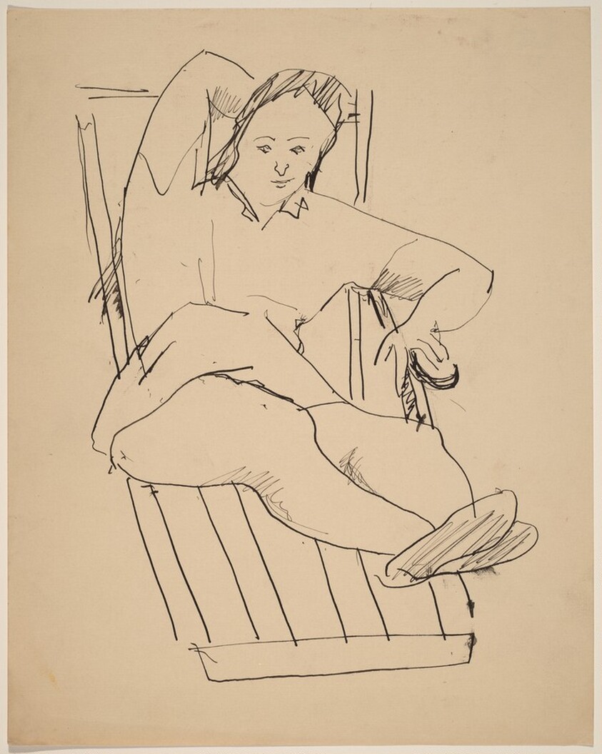 Woman Reclining on Slatted Lounge Chair