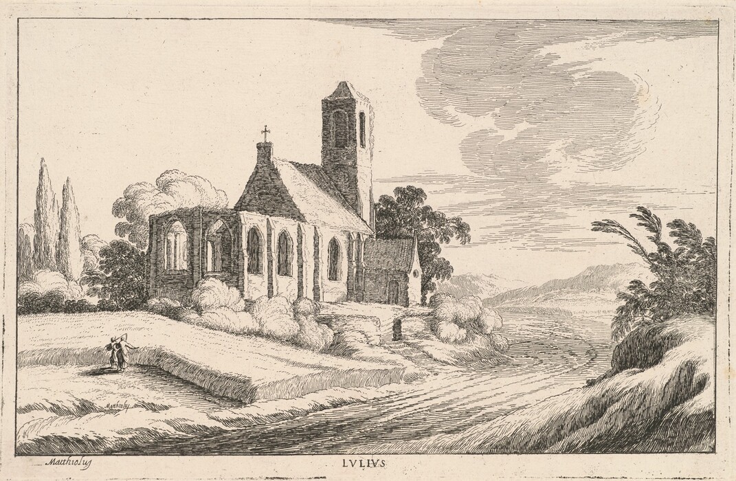 The image depicts a pastoral scene with a church structure positioned off-center to the left. The church is surrounded by lush trees and bushes, creating a tranquil setting. The horizon is low, allowing the church and landscape to dominate the composition. Linear brushstrokes create textures in the greenery, clouds, and architectural details, enhancing the atmosphere. The color palette is monochrome with various shades of gray. Two small figures are walking along a path to the left, and hills rise in the distance. The sky features swirling cloud formations.