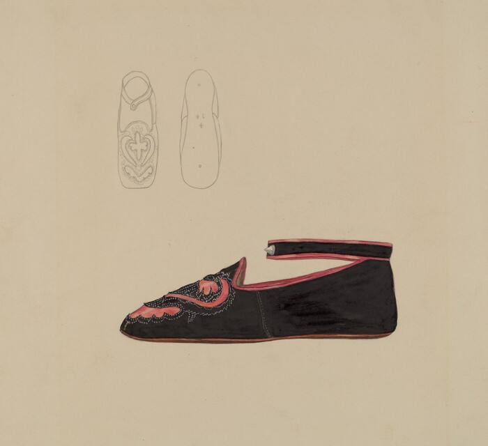This is a drawing of a single shoe with a decorative design. The image features a detailed depiction of a shoe in profile, with an ankle strap and intricate decorative elements on the upper part of the shoe. The shoe is primarily dark in color, with pink and peach accents highlighting the decorative motifs on the top and around the ankle area. Additionally, above the main illustration, there is a simplified line drawing of the shoe's top view and sole outline, providing a schematic representation of its shape and design. The drawing uses a minimalistic style.