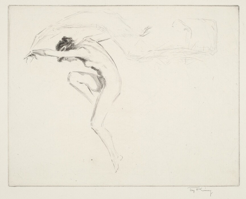 The image shows a nude person in a dynamic pose with one leg raised and arms extended overhead. The person is leaning slightly forward with the right leg bent at the knee and their body angled. Their head is slightly turned down, and they have dark hair pulled back in a loose bun. Around the person is a light suggestion of fabric or motion, adding to the dynamic composition. The background is minimalistic with no distinct elements.