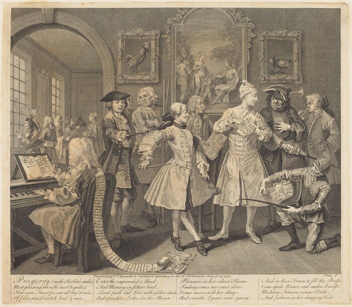 This is a drawing of a scene in a room filled with artwork and music. The detailed interior portrays a group of people engaged in various activities. In the foreground, a man is seated at a keyboard instrument, while a group of people surrounding him is interacting. The room's walls are adorned with framed paintings, adding to the opulence of the environment. The scene conveys a sense of 18th-century elegance and decadence, with rich clothing and elaborate wigs suggesting wealth and sophistication. Each figure in the scene is active, contributing to the lively atmosphere of the gathering.