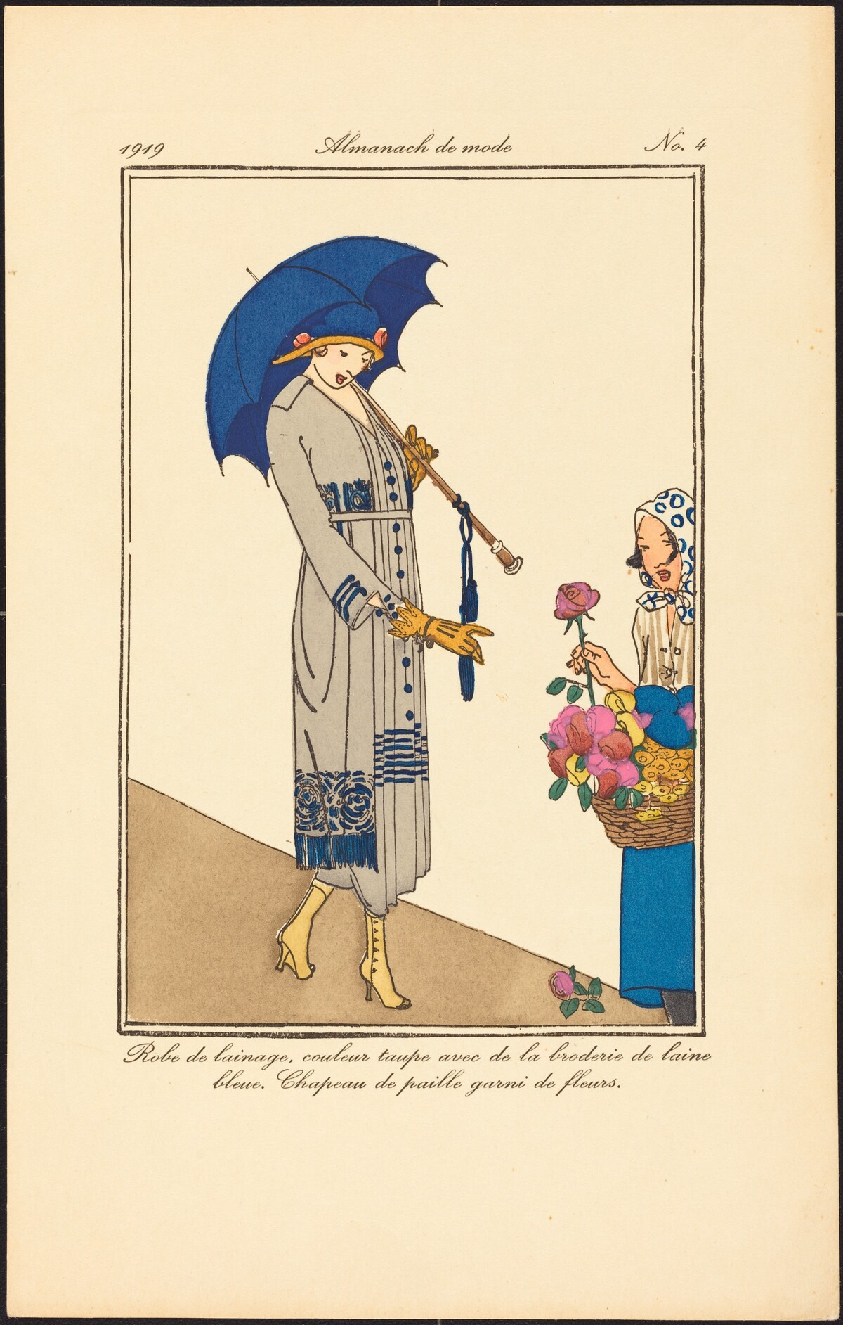 Robe de lainage, couleur taupe avec de la broderie de laine bleue. Chapeau de paille garni de fleurs.