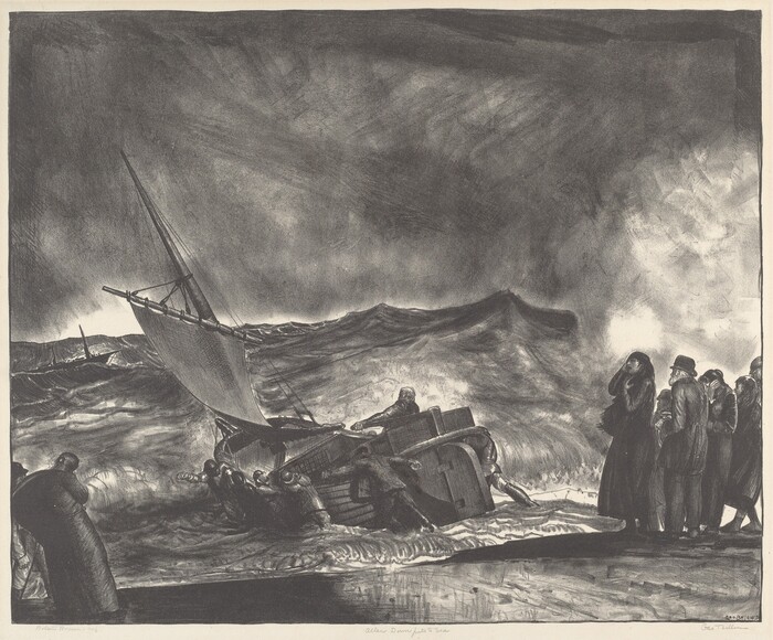 The image shows a stormy seascape with a small boat caught in turbulent waves. The composition features a high horizon, churning waves, a stormy sky, and figures struggling in the boat. The brushstrokes are dynamic, focusing on contrast and shading to depict movement. The color palette is monochromatic, using shades of black, white, and gray. On the right side, a group of people are depicted as onlookers, adding a human element to the scene.