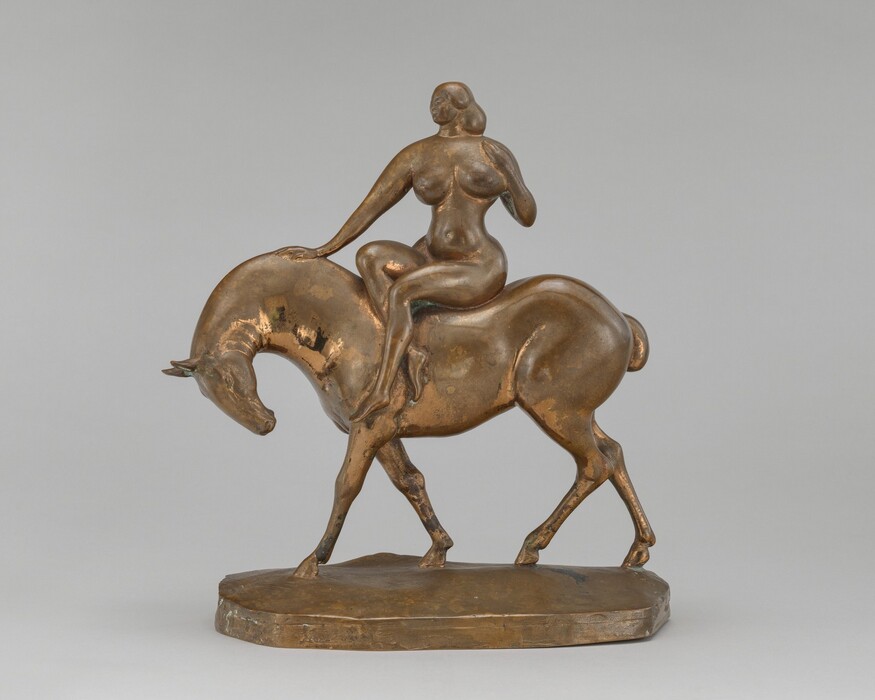 The sculpture depicts a nude woman seated on a horse. The woman is positioned sideways on the horse, with one arm resting on the animal. The horse is shown in mid-stride with its head bowed and raised tail. The sculpture is made of a material that appears to be bronze and has a rich, metallic brown color. The figures are smoothly modeled with a simplified, flowing form that emphasizes curves and elegance. The artwork is set on a simple oval base.