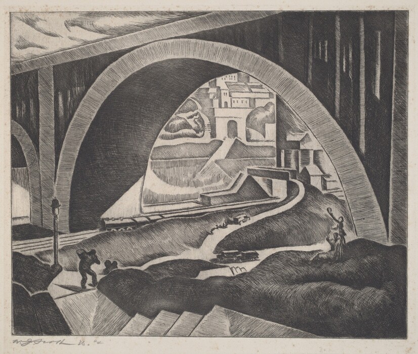 The image shows a view from beneath a large archway, looking out into a landscape with a hillside town in the distance. The arch frames the town, creating depth. The horizon is at the top of the image, with buildings on rolling hills. The artwork uses intricate, precise lines to create texture. The color palette is only black and white, emphasizing contrast and linearity. In the foreground, two figures near a street lamp interact, and in the distance, a path winds around hills toward buildings. The sky has swirling lines suggesting clouds.