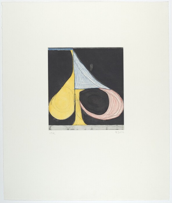 The image consists of geometric shapes and curved lines within a rectangular frame on a white background. The abstract composition includes a yellow teardrop shape intersected by a blue triangular section and circular forms, one outlined in red.