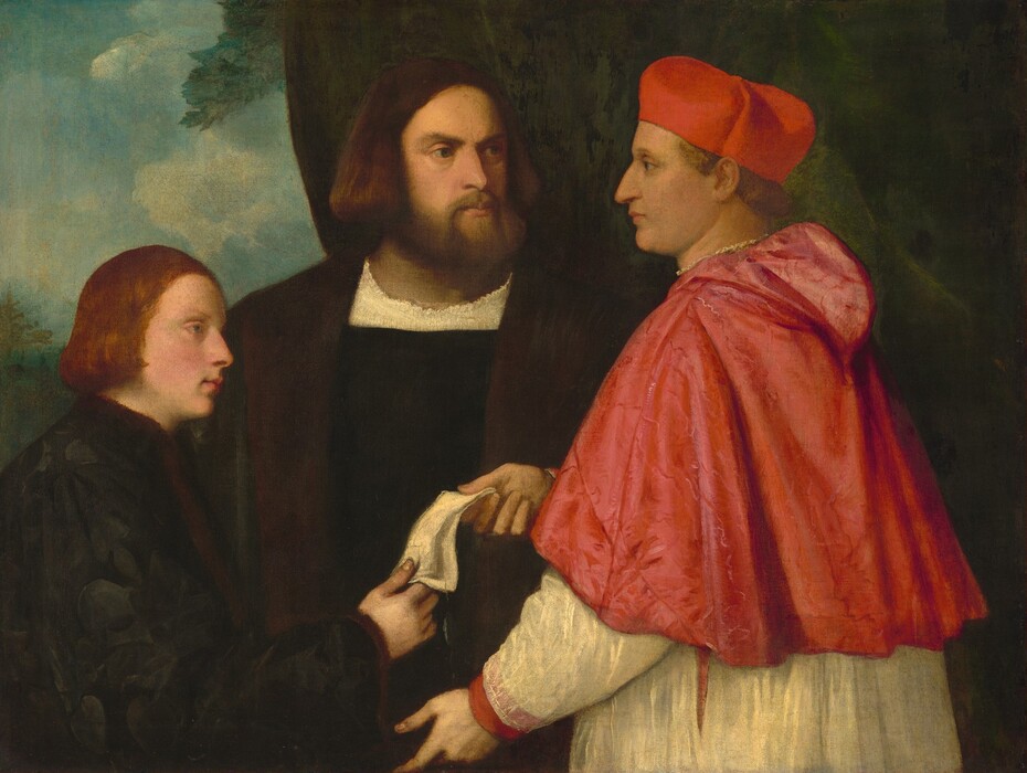 Shown from the hips up, a man hands a piece of paper to a young man as a third, bearded man looks on in this horizontal group portrait painting. All three have pale, peachy skin. To our right, a man wears a red cardinal’s cap, elbow-length red cape, and a white robe over a red garment, which is visible through a slit over one hip and at the cuffs. The cardinal faces our left in profile and looks straight into the distance. His blond hair curls across the nape of his neck under the cap. He has a gently bumped nose, and his thin lips are closed. He hands a folded piece of white paper to the young man to our left, who faces the cardinal, also in profile. The young man has blue eyes, chin-length red hair, pink cheeks, and paler skin than the other two. He wears a black, long-sleeved jacket with voluminous sleeves. The third man stands between the two and looks at the cardinal with gray eyes under low brows. That man has a pointed nose, slight bags under his eyes, chin-length brown hair, and a trimmed beard. The collar of a white undergarment is visible over the straight neckline of a black garment, and a forest-green cloak, lined with rust-brown, hangs over his shoulders. The two older two men stand in front of a dark green curtain and the boy in front of a landscape with green below and white clouds in the blue sky above.