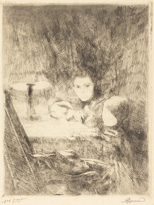 The image is an engraving of a woman sitting at a table. She is facing slightly to the left, with her body turned toward the table as she leans over it. The woman's head, shoulders, and part of her arms are visible. She has delicate facial features, a smooth complexion, and a calm, neutral expression. Her hair is styled close to her head. She is wearing a dress with puffed sleeves and there is a suggested decorative detail or brooch at her neckline. A tablecloth covers the table, on which sits a small lamp with a simple shade, illuminating the scene. The background is textured and dark, creating a contrast with the lighter tones of the woman and table.