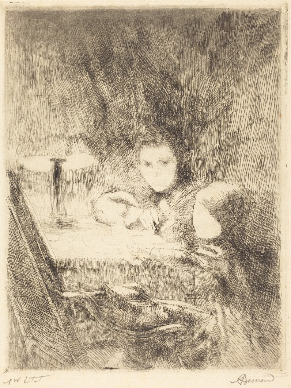 The image is an engraving of a woman sitting at a table. She is facing slightly to the left, with her body turned toward the table as she leans over it. The woman's head, shoulders, and part of her arms are visible. She has delicate facial features, a smooth complexion, and a calm, neutral expression. Her hair is styled close to her head. She is wearing a dress with puffed sleeves and there is a suggested decorative detail or brooch at her neckline. A tablecloth covers the table, on which sits a small lamp with a simple shade, illuminating the scene. The background is textured and dark, creating a contrast with the lighter tones of the woman and table.