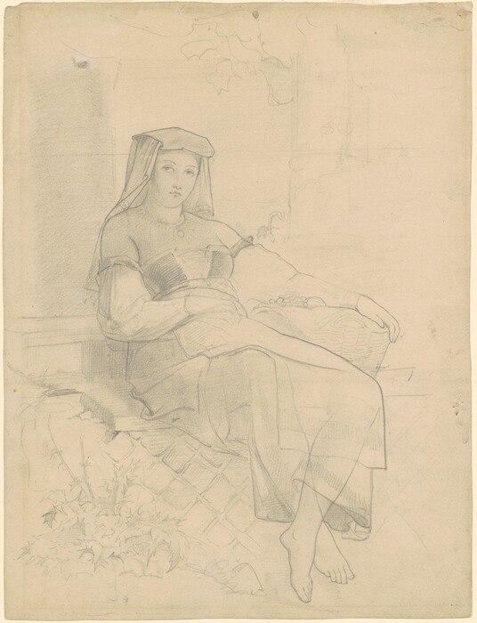 The image shows a sketch of a woman seated with one leg crossed over the other. Her upper body is slightly leaning back against a cushioned surface. She has a calm expression and direct gaze, long straight hair, and wears a long, flowing garment with fitted sleeves and a belt around her waist. The woman is barefoot and rests on a patterned textile near a basket. Faint outlines of foliage are in the background.